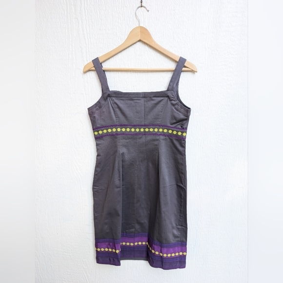 Boden Gray And Purple Pinafore Apron Shift Dress With  Ribbon Trim Size 6P - Picture 5 of 6